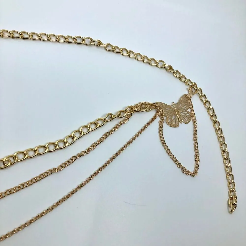 Women's Gold Butterfly Layered Chain Belt, 37 Inches, X7G9A1047